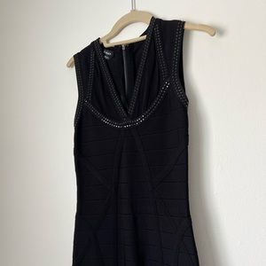 Bebe black bodycon bandage mini dress w mesh detail and metallic studs | size S